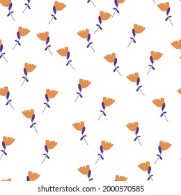 Blossom seamless pattern with orange random little flowers elements print. White background. Vintage style. Vector illustration for seasonal textile prints, fabric, banners, backdrops and wallpapers.