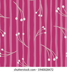 Blossom seamless pattern with random branches berry ornament. Pink striped background. Spring print. Decorative backdrop for fabric design, textile print, wrapping, cover. Vector illustration.