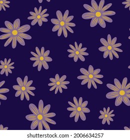 Blossom seamless pattern with random daisy flowers ornament. Dark purple background. Bloom shapes. Graphic design for wrapping paper and fabric textures. Vector Illustration.