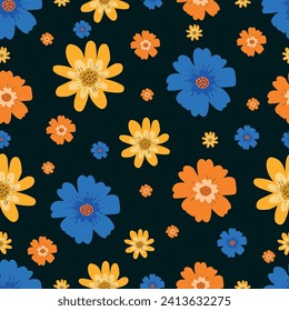 Blossom seamless pattern. Spring cute wild jdaisies floral print for textile.Black background. Seamless pattern for textile or wrapping paper.