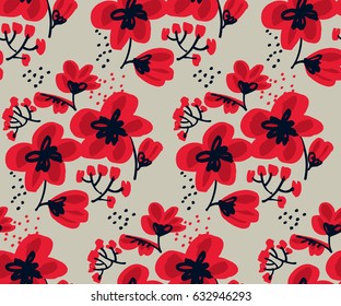 Blossom seamless pattern for surface design: wrapping paper, background, fabric. Abstract hand drawn red flower vector illustration.  Sketch decorative flowers 
