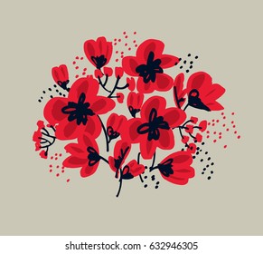 Blossom seamless pattern for surface design: wrapping paper, background, fabric. Abstract hand drawn red flower vector illustration.  Sketch decorative flowers for card, header, poster, book cover. 