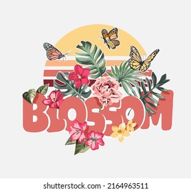 blossom slogan with colorful flowers and butterflies vector illustration