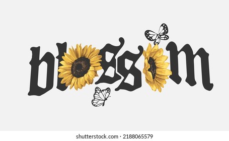 blossom slogan with sunflowers and butterflies graphic vector illustration