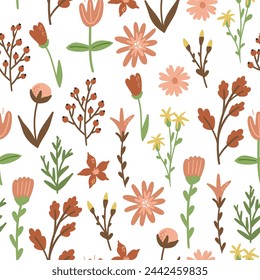 Blossom spring floral seamless pattern. Blooming botanical motifs scattered random. Colorful vector illustration. Fashion, fabric, wallpaper, print. Hand drawn flower, berry, leaf on white background