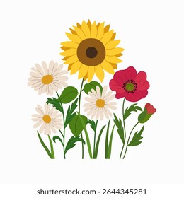 Blossom spring summer wildflowers. Floral composition with sunflower, poppies and camomiles. Hand drawn vector illustration isolated on white background. Modern flat cartoon style.
