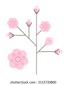 Blossom spring tree branch. Pink flowers of sakura or cherry tree. Geometric stylized vector illustration.