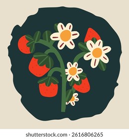 Blossom strawberry branch with berries and bloom. Summer wildflower. Flat vector illustration.