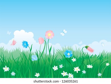 Blossom summer. Vector illustration of summer landscape with butterfly, many flowers on green grass and blue sky with fluffy clouds