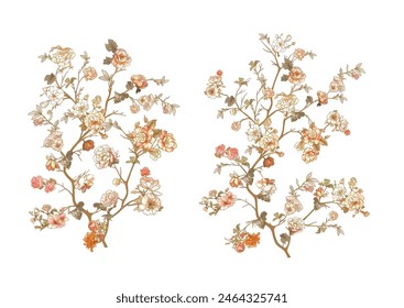 Arte de Clip de árbol en flor, conjunto de Elementos para la Ilustración vectorial de diseño. En chinoiserie, estilo botánico Aislado sobre fondo blanco.