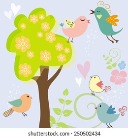 Blossom Tree Cute Bird Floral Seamless Vector