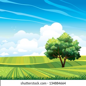Blossom tree and green meadow on a blue sky background with clouds. Vector summer landscape.