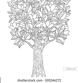 Blossom tree isolated, magnolia flowers. Forest. Vector hand drawn paper artwork. Bohemia concept for wedding invitation card, branding, logo, label, emblem. Coloring book page for adult. Black line