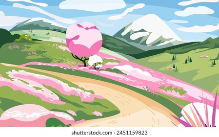 Blossom tree and road in foreground, mountains in background. Landscape nature scenery vector illustration. The natural landscape with greenery, flowers, and clouds in the sky