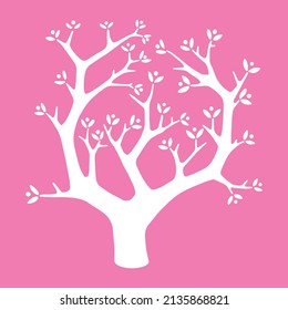 Blossom tree vector, design to postcard, poster or post on social media. White illustration on pink background.