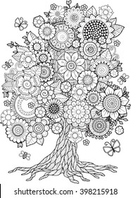 Blossom Tree. Vector Elements. Coloring Book For Adult. Doodles For Meditation