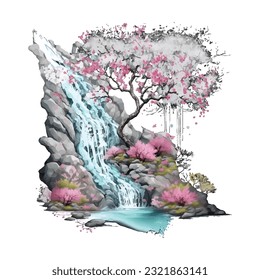 Blossom Tree Waterfall Traditional Japanese | Transparent 300dpi digital tshirt POD, EPS, vector, clipart, book cover, wallart, ready to print, Print-on-Demand, colorful, no background, beauty
