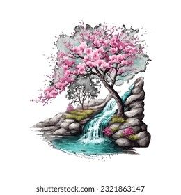 Blossom Tree Waterfall Traditional Japanese | Transparent 300dpi digital tshirt POD, EPS, vector, clipart, book cover, wallart, ready to print, Print-on-Demand, colorful, no background, beauty