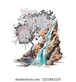 Blossom Tree Waterfall Traditional Japanese | Transparent 300dpi digital tshirt POD, EPS, vector, clipart, book cover, wallart, ready to print, Print-on-Demand, colorful, no background, beauty