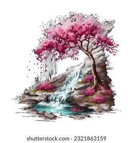 Blossom Tree Waterfall Traditional Japanese | Transparent 300dpi digital tshirt POD, EPS, vector, clipart, book cover, wallart, ready to print, Print-on-Demand, colorful, no background, beauty