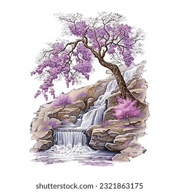 Blossom Tree Waterfall Traditional Japanese | Transparent 300dpi digital tshirt POD, EPS, vector, clipart, book cover, wallart, ready to print, Print-on-Demand, colorful, no background, beauty