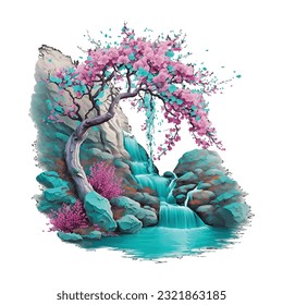 Blossom Tree Waterfall Traditional Japanese | Transparent 300dpi digital tshirt POD, EPS, vector, clipart, book cover, wallart, ready to print, Print-on-Demand, colorful, no background, beauty