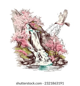 Blossom Tree Waterfall Traditional Japanese | Transparent 300dpi digital tshirt POD, EPS, vector, clipart, book cover, wallart, ready to print, Print-on-Demand, colorful, no background, beauty