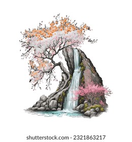 Blossom Tree Waterfall Traditional Japanese | Transparent 300dpi digital tshirt POD, EPS, vector, clipart, book cover, wallart, ready to print, Print-on-Demand, colorful, no background, beauty