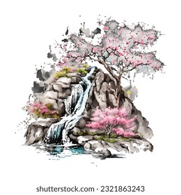 Blossom Tree Waterfall Traditional Japanese | Transparent 300dpi digital tshirt POD, EPS, vector, clipart, book cover, wallart, ready to print, Print-on-Demand, colorful, no background, beauty