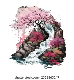 Blossom Tree Waterfall Traditional Japanese | Transparent 300dpi digital tshirt POD, EPS, vector, clipart, book cover, wallart, ready to print, Print-on-Demand, colorful, no background, beauty