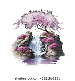 Blossom Tree Waterfall Traditional Japanese | Transparent 300dpi digital tshirt POD, EPS, vector, clipart, book cover, wallart, ready to print, Print-on-Demand, colorful, no background, beauty