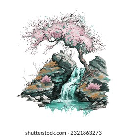 Blossom Tree Waterfall Traditional Japanese | Transparent 300dpi digital tshirt POD, EPS, vector, clipart, book cover, wallart, ready to print, Print-on-Demand, colorful, no background, beauty