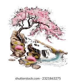 Blossom Tree Waterfall Traditional Japanese | Transparent 300dpi digital tshirt POD, EPS, vector, clipart, book cover, wallart, ready to print, Print-on-Demand, colorful, no background, beauty