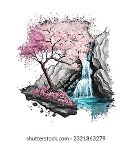 Blossom Tree Waterfall Traditional Japanese | Transparent 300dpi digital tshirt POD, EPS, vector, clipart, book cover, wallart, ready to print, Print-on-Demand, colorful, no background, beauty