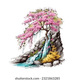 Blossom Tree Waterfall Traditional Japanese | Transparent 300dpi digital tshirt POD, EPS, vector, clipart, book cover, wallart, ready to print, Print-on-Demand, colorful, no background, beauty