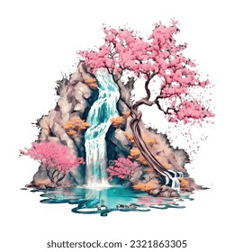 Blossom Tree Waterfall Traditional Japanese | Transparent 300dpi digital tshirt POD, EPS, vector, clipart, book cover, wallart, ready to print, Print-on-Demand, colorful, no background, beauty