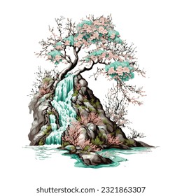 Blossom Tree Waterfall Traditional Japanese | Transparent 300dpi digital tshirt POD, EPS, vector, clipart, book cover, wallart, ready to print, Print-on-Demand, colorful, no background, beauty