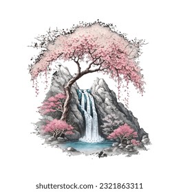 Blossom Tree Waterfall Traditional Japanese | Transparent 300dpi digital tshirt POD, EPS, vector, clipart, book cover, wallart, ready to print, Print-on-Demand, colorful, no background, beauty