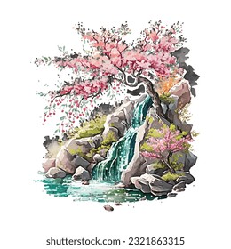 Blossom Tree Waterfall Traditional Japanese | Transparent 300dpi digital tshirt POD, EPS, vector, clipart, book cover, wallart, ready to print, Print-on-Demand, colorful, no background, beauty