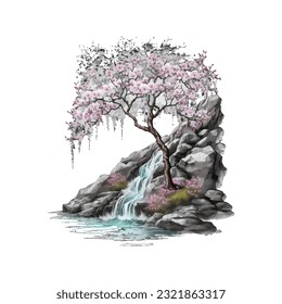 Blossom Tree Waterfall Traditional Japanese | Transparent 300dpi digital tshirt POD, EPS, vector, clipart, book cover, wallart, ready to print, Print-on-Demand, colorful, no background, beauty