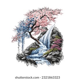Blossom Tree Waterfall Traditional Japanese | Transparent 300dpi digital tshirt POD, EPS, vector, clipart, book cover, wallart, ready to print, Print-on-Demand, colorful, no background, beauty