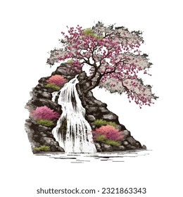 Blossom Tree Waterfall Traditional Japanese | Transparent 300dpi digital tshirt POD, EPS, vector, clipart, book cover, wallart, ready to print, Print-on-Demand, colorful, no background, beauty