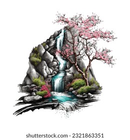 Blossom Tree Waterfall Traditional Japanese | Transparent 300dpi digital tshirt POD, EPS, vector, clipart, book cover, wallart, ready to print, Print-on-Demand, colorful, no background, beauty