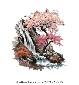 Blossom Tree Waterfall Traditional Japanese | Transparent 300dpi digital tshirt POD, EPS, vector, clipart, book cover, wallart, ready to print, Print-on-Demand, colorful, no background, beauty