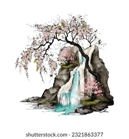 Blossom Tree Waterfall Traditional Japanese | Transparent 300dpi digital tshirt POD, EPS, vector, clipart, book cover, wallart, ready to print, Print-on-Demand, colorful, no background, beauty