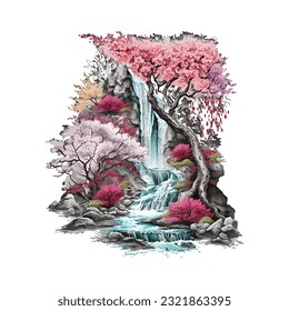 Blossom Tree Waterfall Traditional Japanese | Transparent 300dpi digital tshirt POD, EPS, vector, clipart, book cover, wallart, ready to print, Print-on-Demand, colorful, no background, beauty