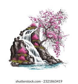 Blossom Tree Waterfall Traditional Japanese | Transparent 300dpi digital tshirt POD, EPS, vector, clipart, book cover, wallart, ready to print, Print-on-Demand, colorful, no background, beauty