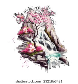 Blossom Tree Waterfall Traditional Japanese | Transparent 300dpi digital tshirt POD, EPS, vector, clipart, book cover, wallart, ready to print, Print-on-Demand, colorful, no background, beauty