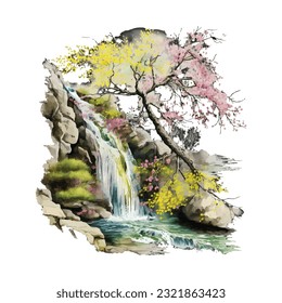 Blossom Tree Waterfall Traditional Japanese | Transparent 300dpi digital tshirt POD, EPS, vector, clipart, book cover, wallart, ready to print, Print-on-Demand, colorful, no background, beauty