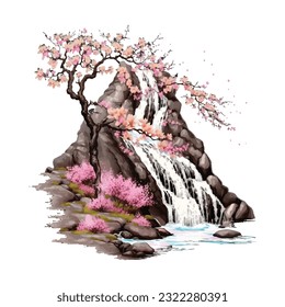 Blossom Tree Waterfall Traditional Japanese | Transparent 300dpi digital tshirt POD, EPS, vector, clipart, book cover, wallart, ready to print, Print-on-Demand, colorful, no background, beauty